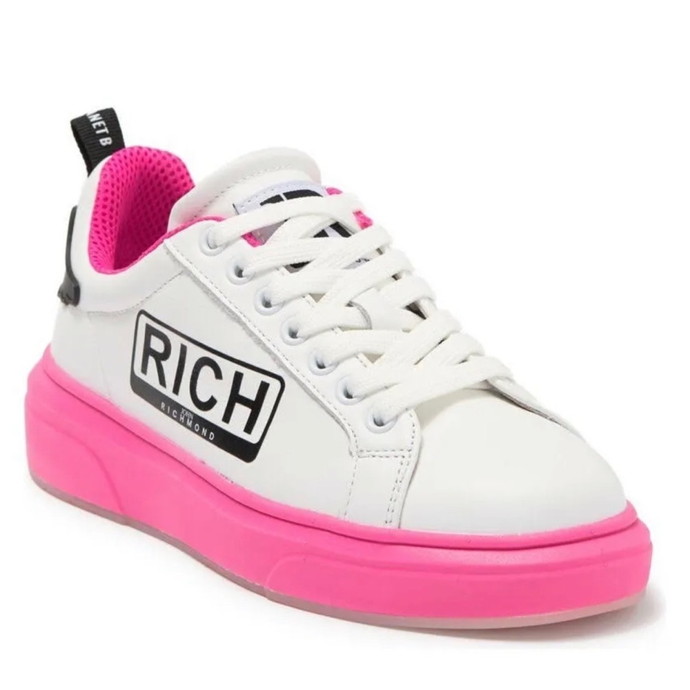 John Richmond Logo White Pink Leather Low Top Lace Up Sneakers Women Sz 7 NIB
